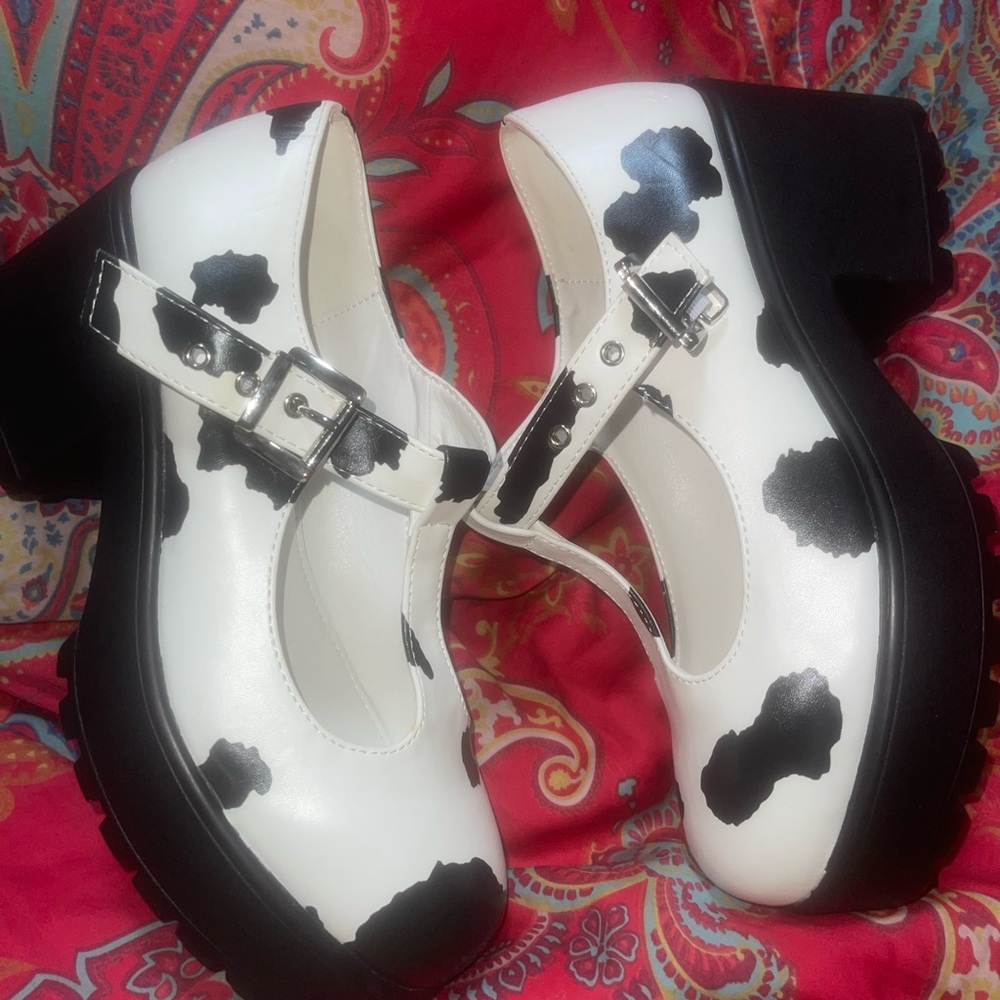 New dolls kill cow print platform shoes
